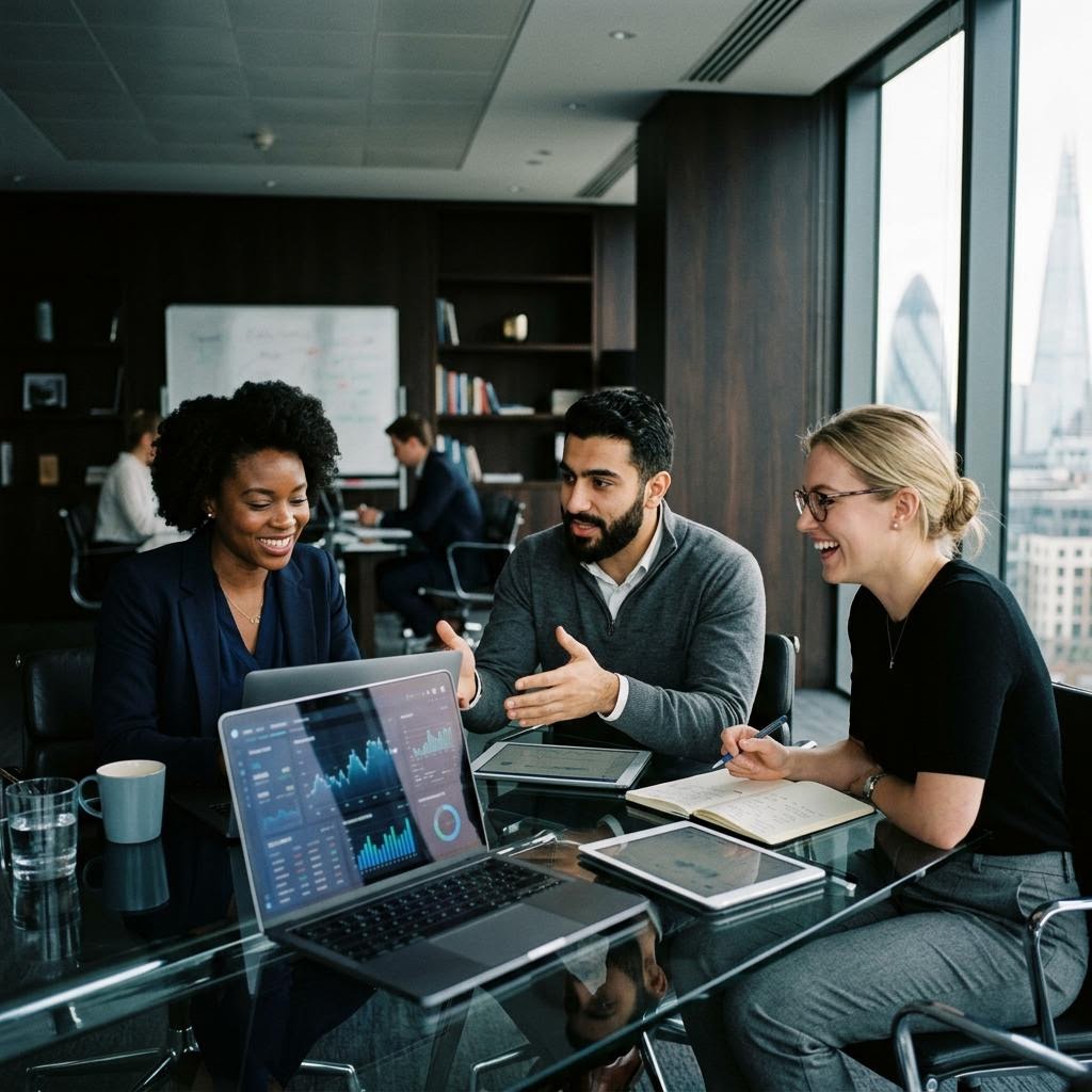 Data scientists evaluating machine learning metrics in London tech office